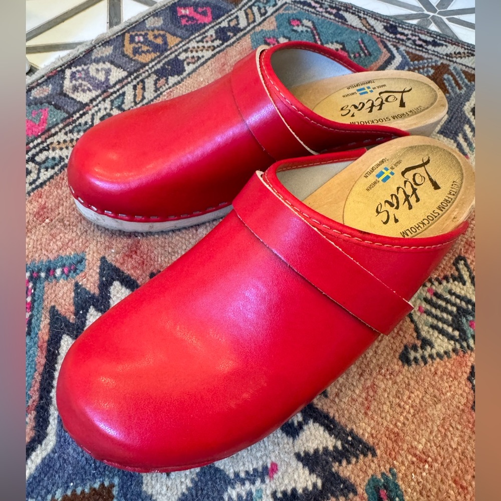 Lotta’s, red, wooden clogs. Made in Sweden. Women’s European Size 38
